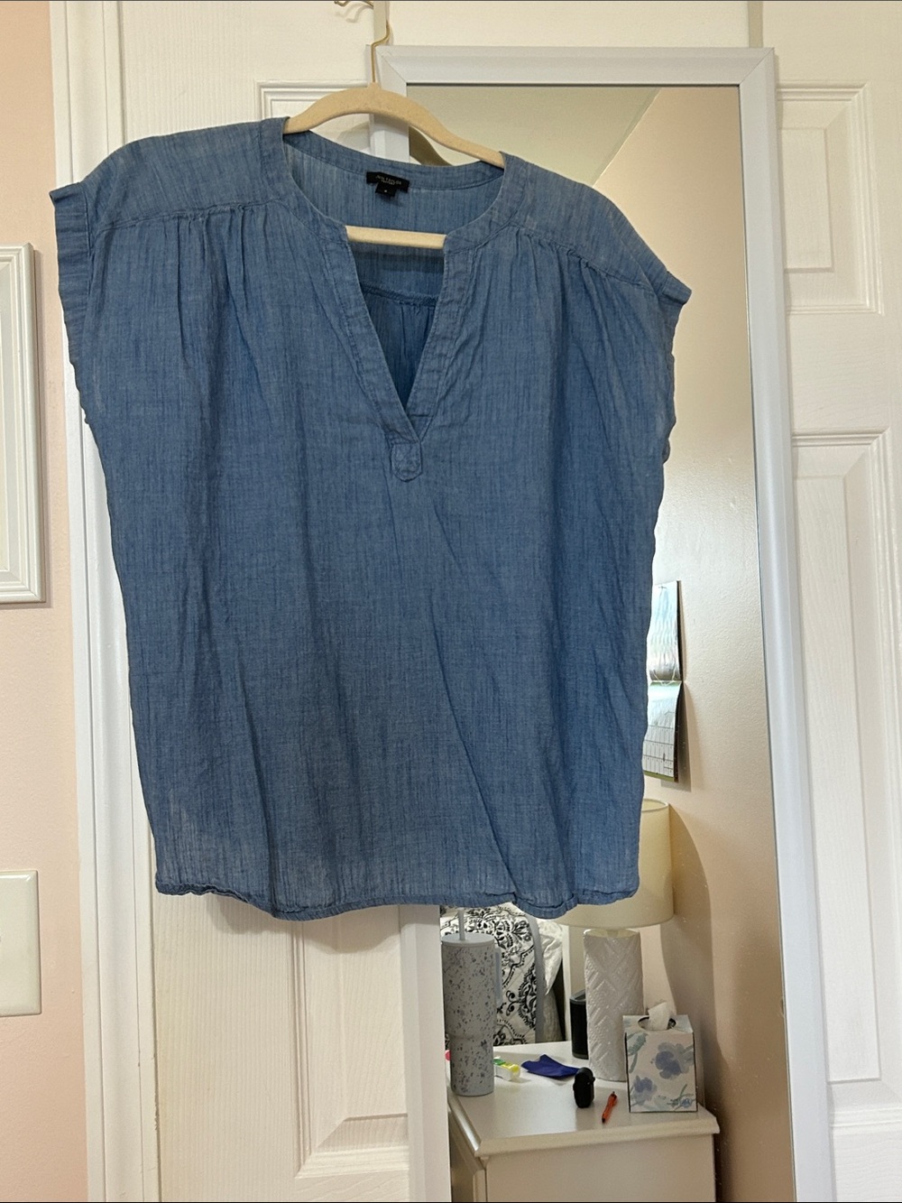 Ann Taylor Light Blue Chambray Split-Neck Blouse